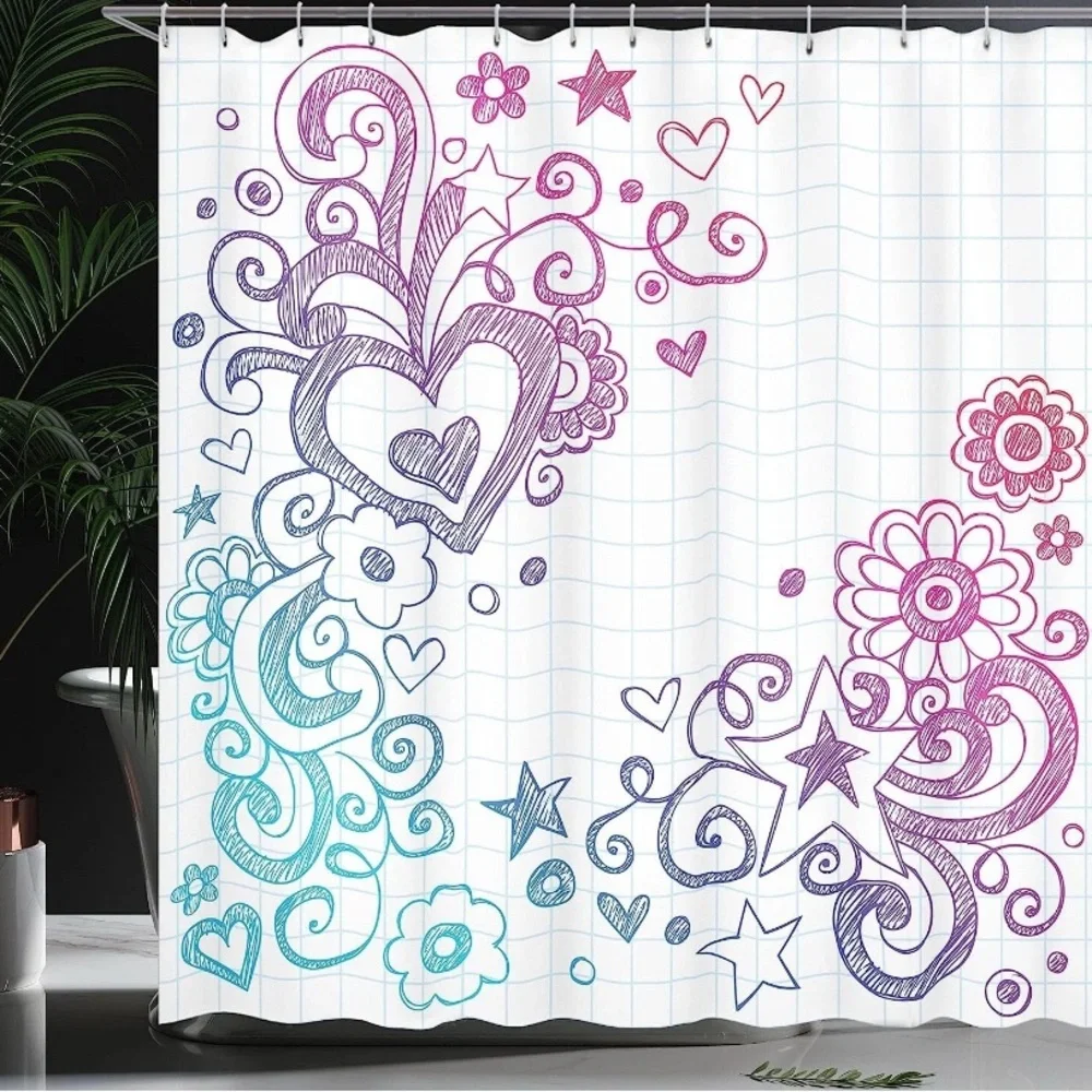 NEW Ambesonne Love Shower Curtain, Heart Swirled Sketch on Checkered Notebook